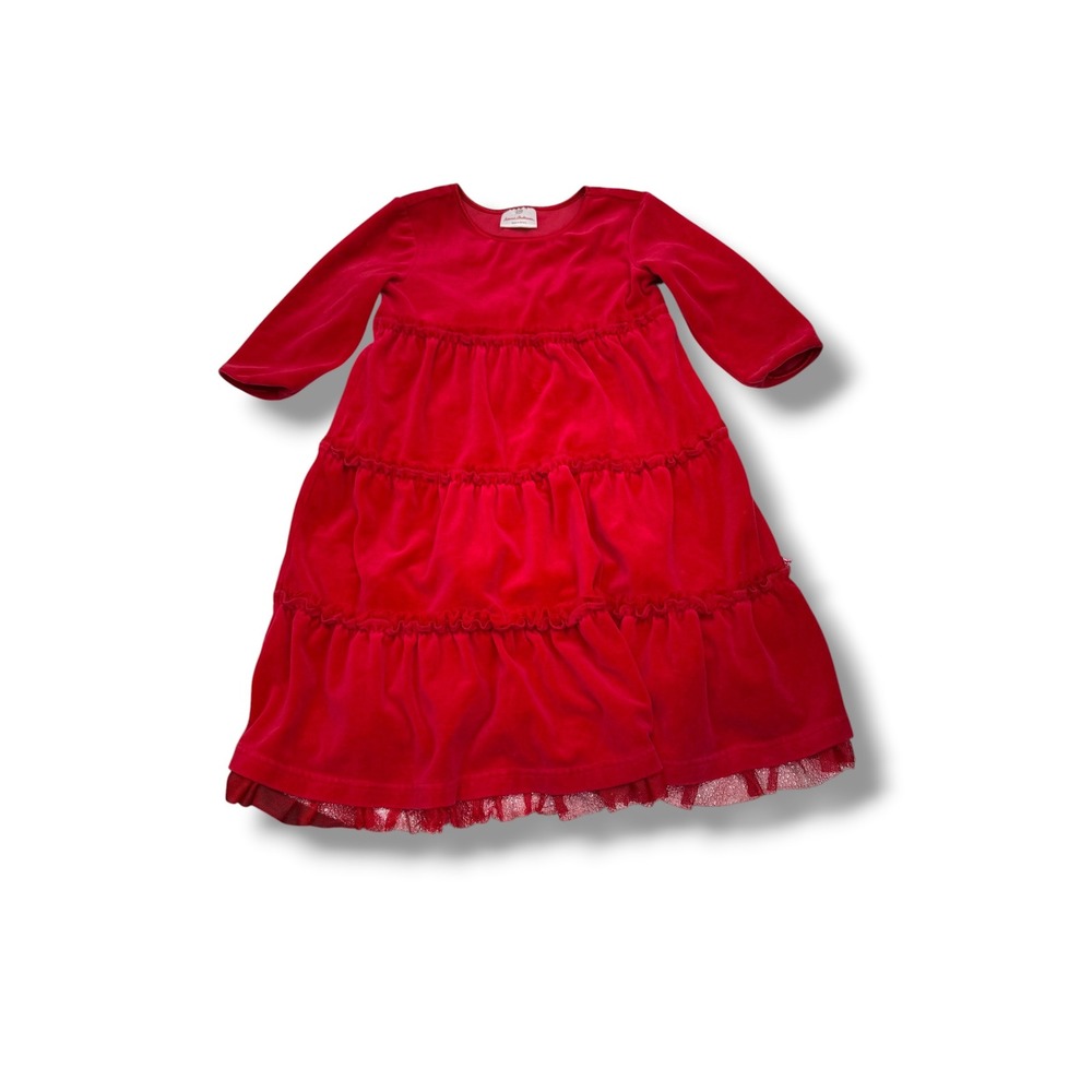 Hanna Andersson Velour Tiered Dress Girls Size 110 5 Apple Red‎ Holiday Tulle